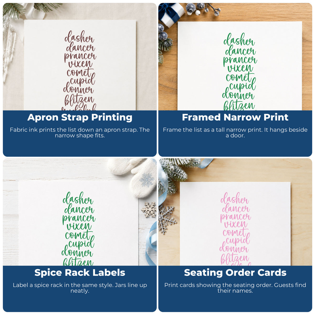 Four ways to use the Self-Inking Santa Reindeer Names List Antlers Stamp: apron strap printing, framed narrow print, spice rack labels and seating order cards.