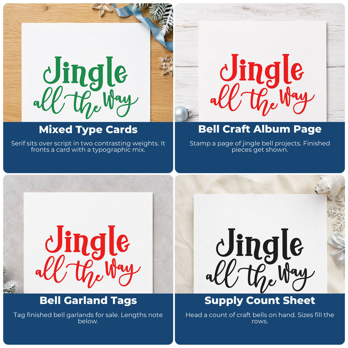 Four ways to use the Jingle All The Way Script Premium Wood-Mounted Stamp - Vintage Pro: mixed type cards, bell craft album page, bell garland tags and supply count sheet.
