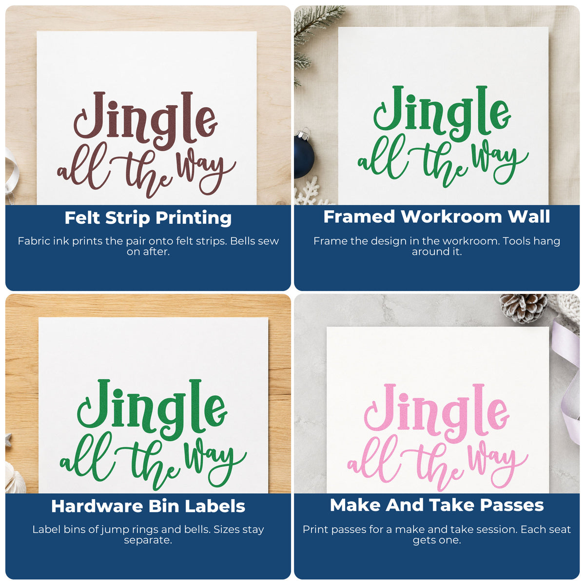 Four ways to use the Jingle All The Way Script Premium Wood-Mounted Stamp - Vintage Pro: felt strip printing, framed workroom wall, hardware bin labels and make and take passes.