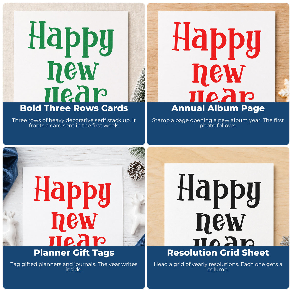 Four ways to use the Happy New Year Self-Inking Stamp: bold three rows cards, annual album page, planner gift tags and resolution grid sheet.