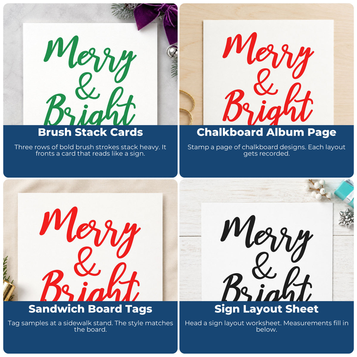 Four ways to use the Merry And Bright Brush Script Lettering Rubber Stamp – Duo Hand: brush stack cards, chalkboard album page, sandwich board tags and sign layout sheet.