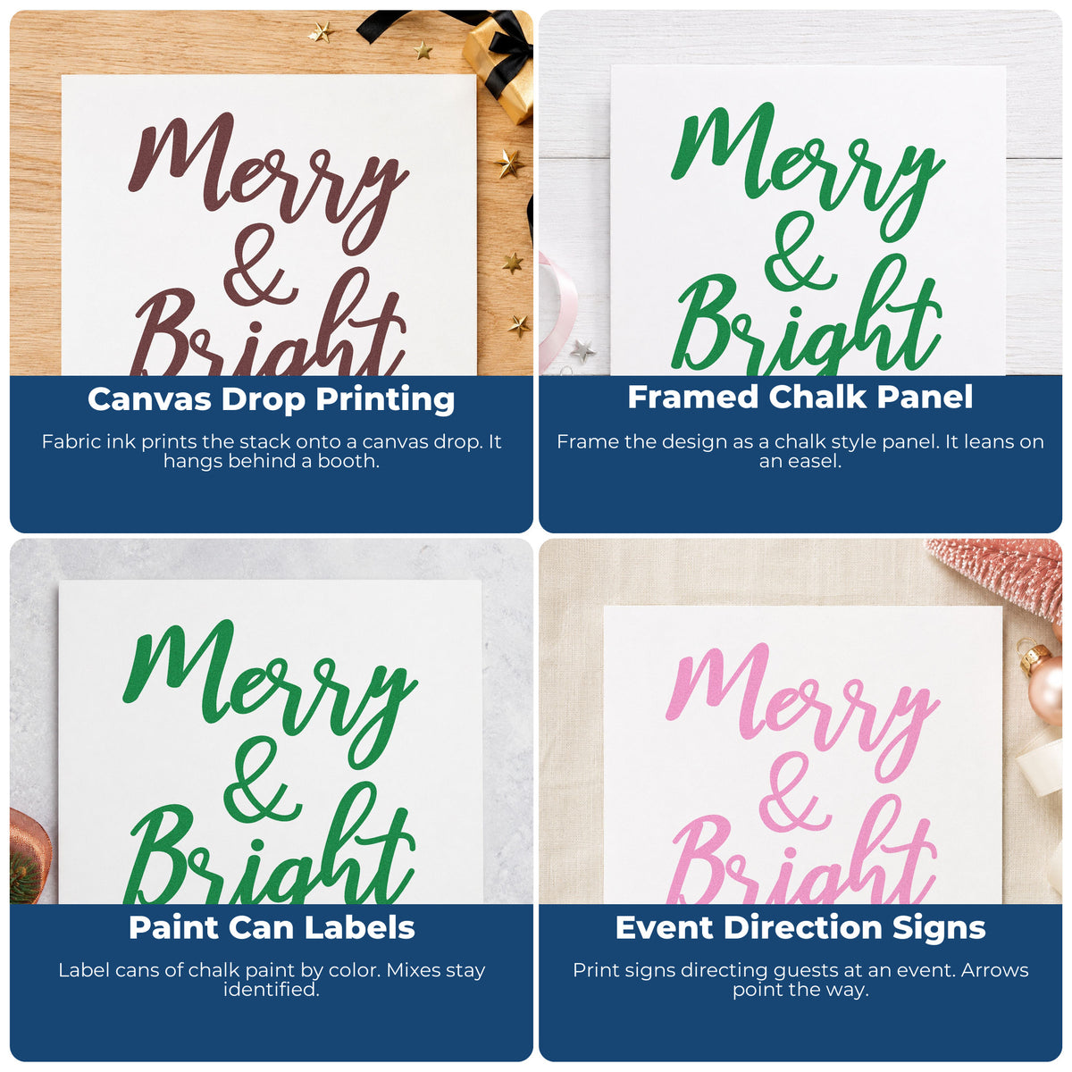 Four ways to use the Merry And Bright Brush Script Lettering Slim Pre-Inked Stamp: canvas drop printing, framed chalk panel, paint can labels and event direction signs.