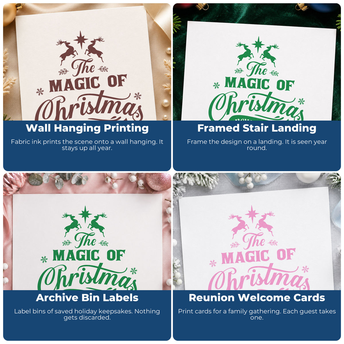 Four ways to use the The Magic Of Christmas Never Ends Stamp – Self-Inking: wall hanging printing, framed stair landing, archive bin labels and reunion welcome cards.