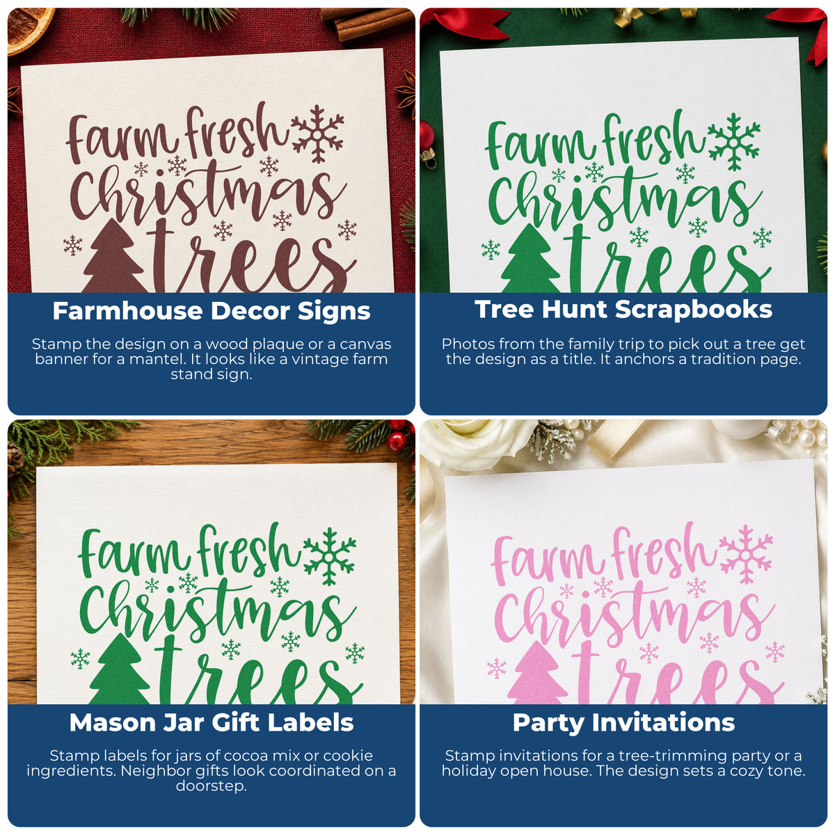 Four ways to use the Slim Pre-Inked Farm Fresh Christmas Trees Pine Motif Stamp: farmhouse decor signs, tree hunt scrapbooks, mason jar gift labels and party invitations.