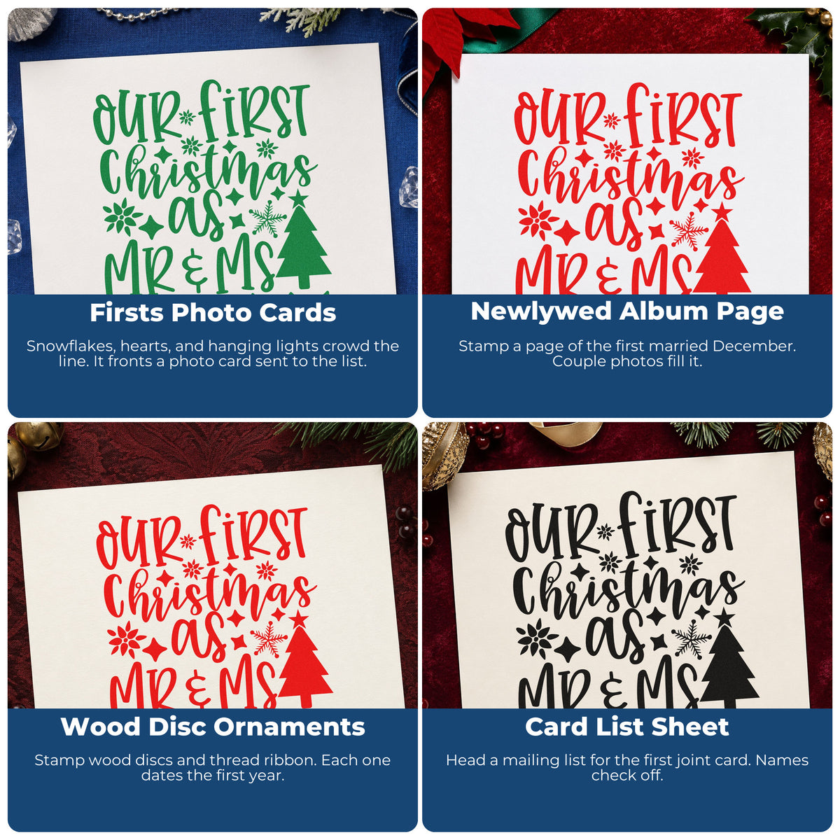 Four ways to use the First Christmas Mr And Mrs Lights Self-Inking Stamp: firsts photo cards, newlywed album page, wood disc ornaments and card list sheet.