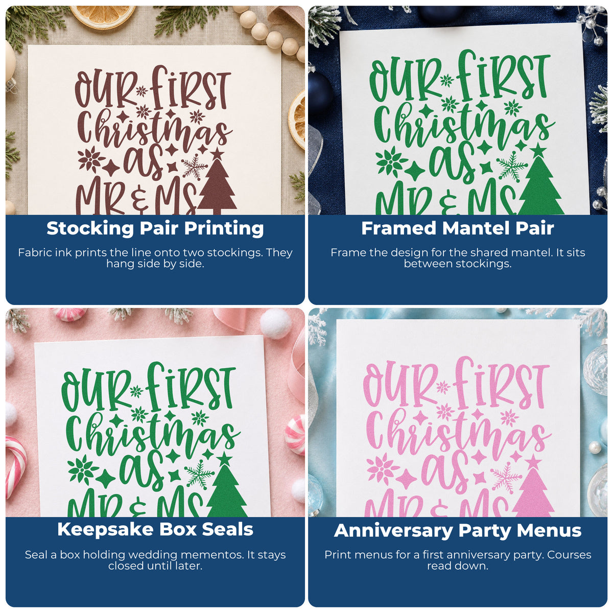 Four ways to use the First Christmas Mr And Mrs Lights Hand Stamp – Duo: stocking pair printing, framed mantel pair, keepsake box seals and anniversary party menus.
