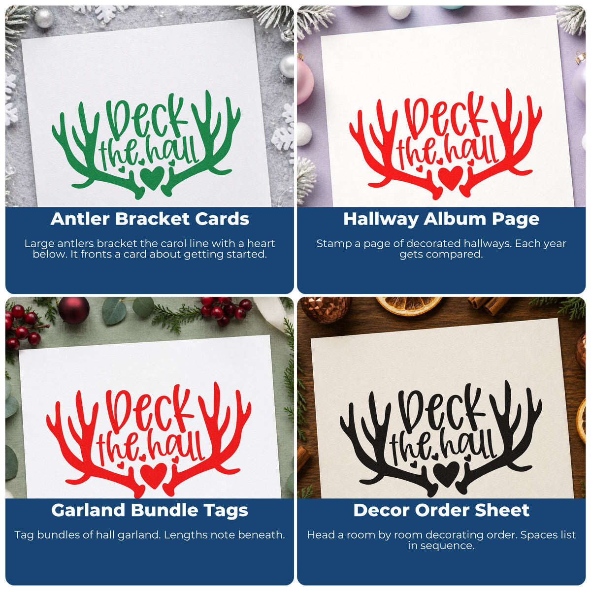 Four ways to use the Deck The Hall Antlers With Hearts Slim Pre-Inked Stamp: antler bracket cards, hallway album page, garland bundle tags and decor order sheet.