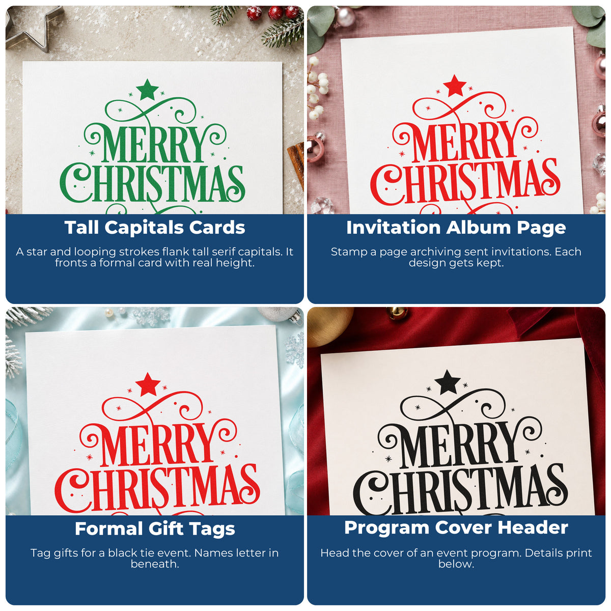 Four ways to use the Merry Christmas Ornamental Flourishes Rubber Stamp – Duo Hand: tall capitals cards, invitation album page, formal gift tags and program cover header.