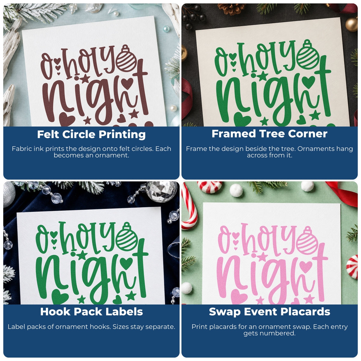 Four ways to use the Duo Hand O Holy Night Rubber Stamp: felt circle printing, framed tree corner, hook pack labels and swap event placards.