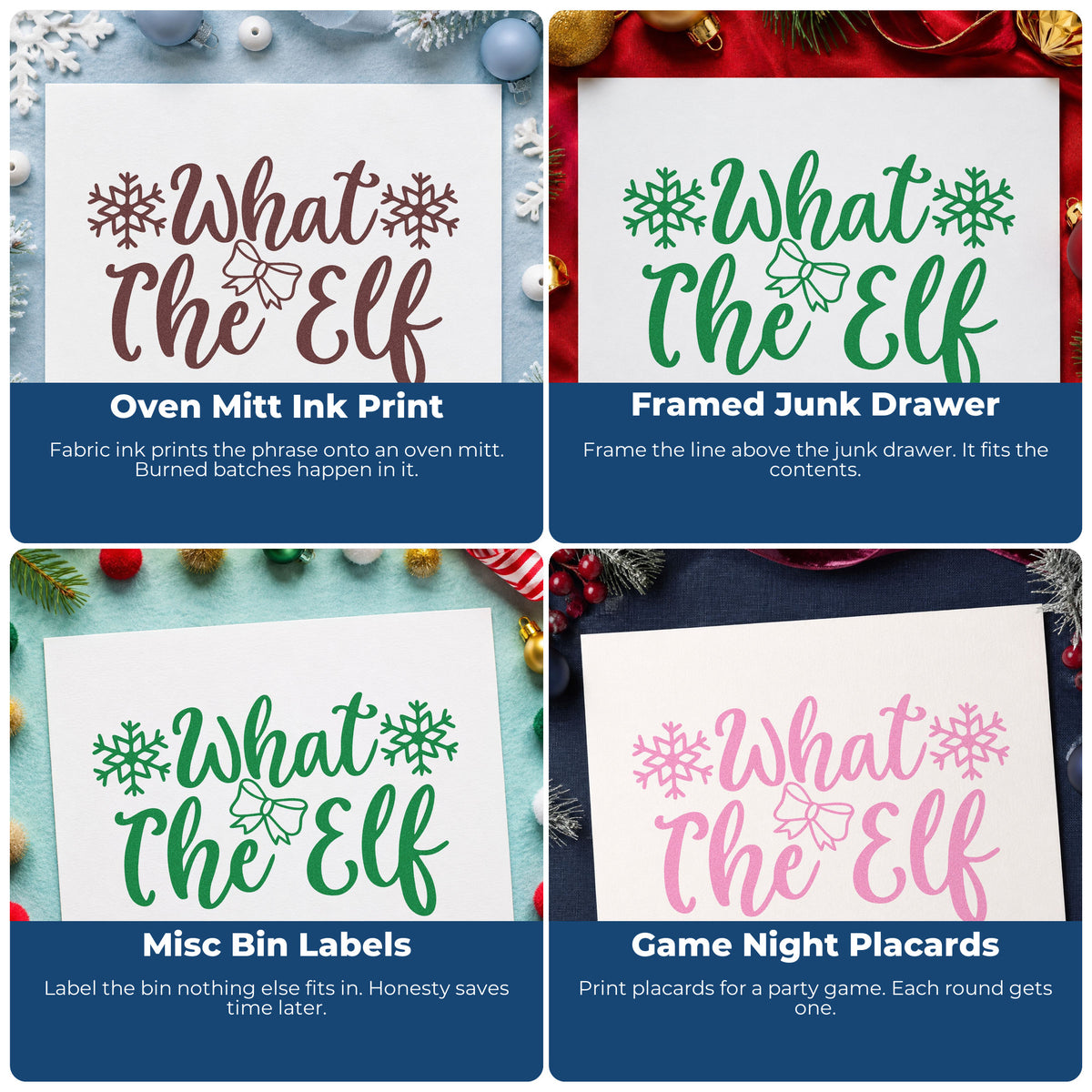 Four ways to use the What The Elf Snowflakes Bow Accent Slim Pre-Inked Stamp: oven mitt ink print, framed junk drawer, misc bin labels and game night placards.