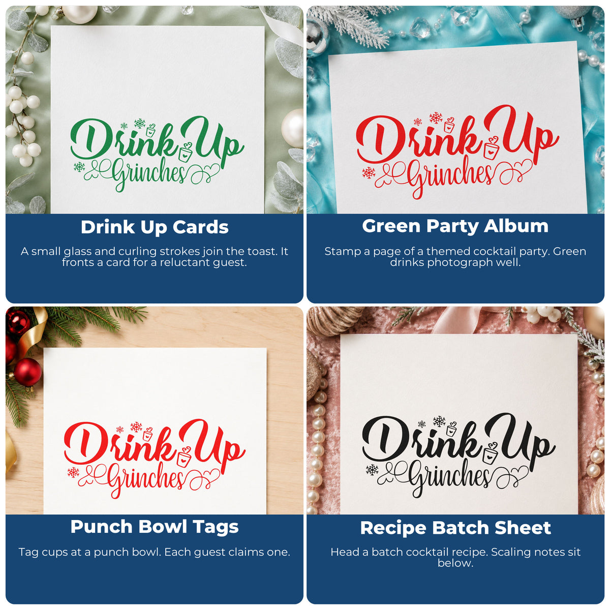 Four ways to use the Drink Up Grinches Craft Stamp – Self-Inking: drink up cards, green party album, punch bowl tags and recipe batch sheet.