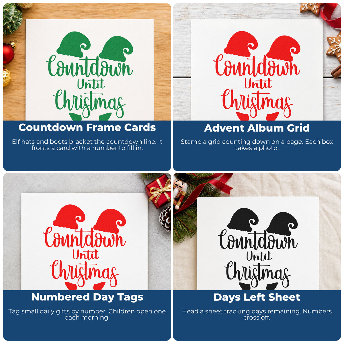 Four ways to use the Countdown Until Christmas Elf Frame Accent Self-Inking Stamp: countdown frame cards, advent album grid, numbered day tags and days left sheet.