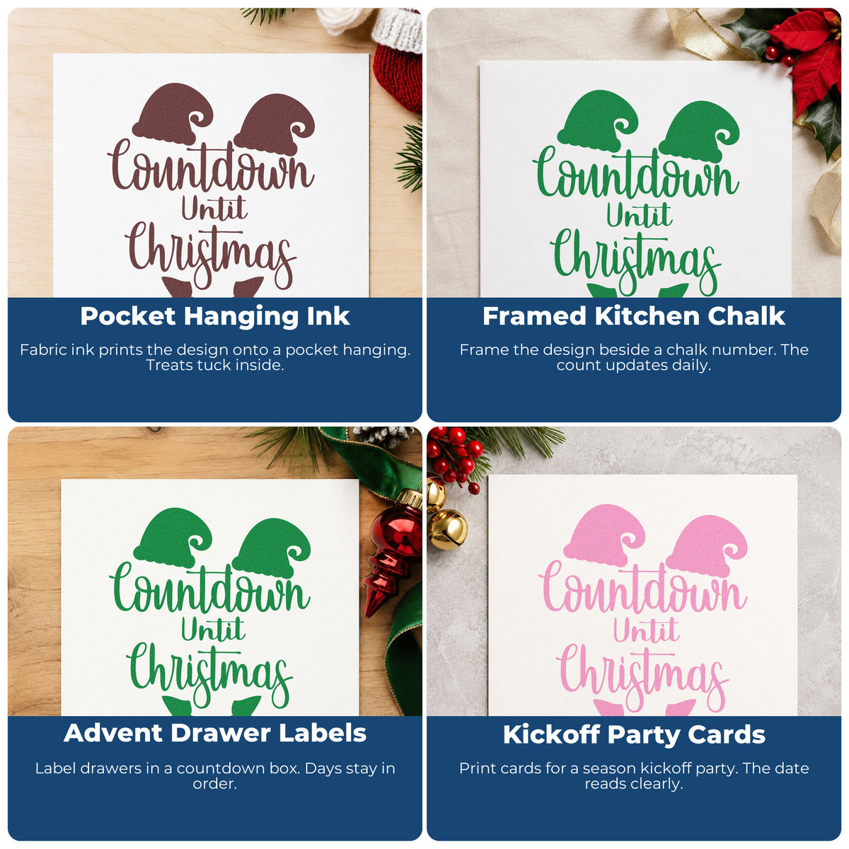 Four ways to use the Countdown Until Christmas Elf Frame Accent Compact Pre-Inked Stamp – Slim: pocket hanging ink, framed kitchen chalk, advent drawer labels and kickoff party cards.