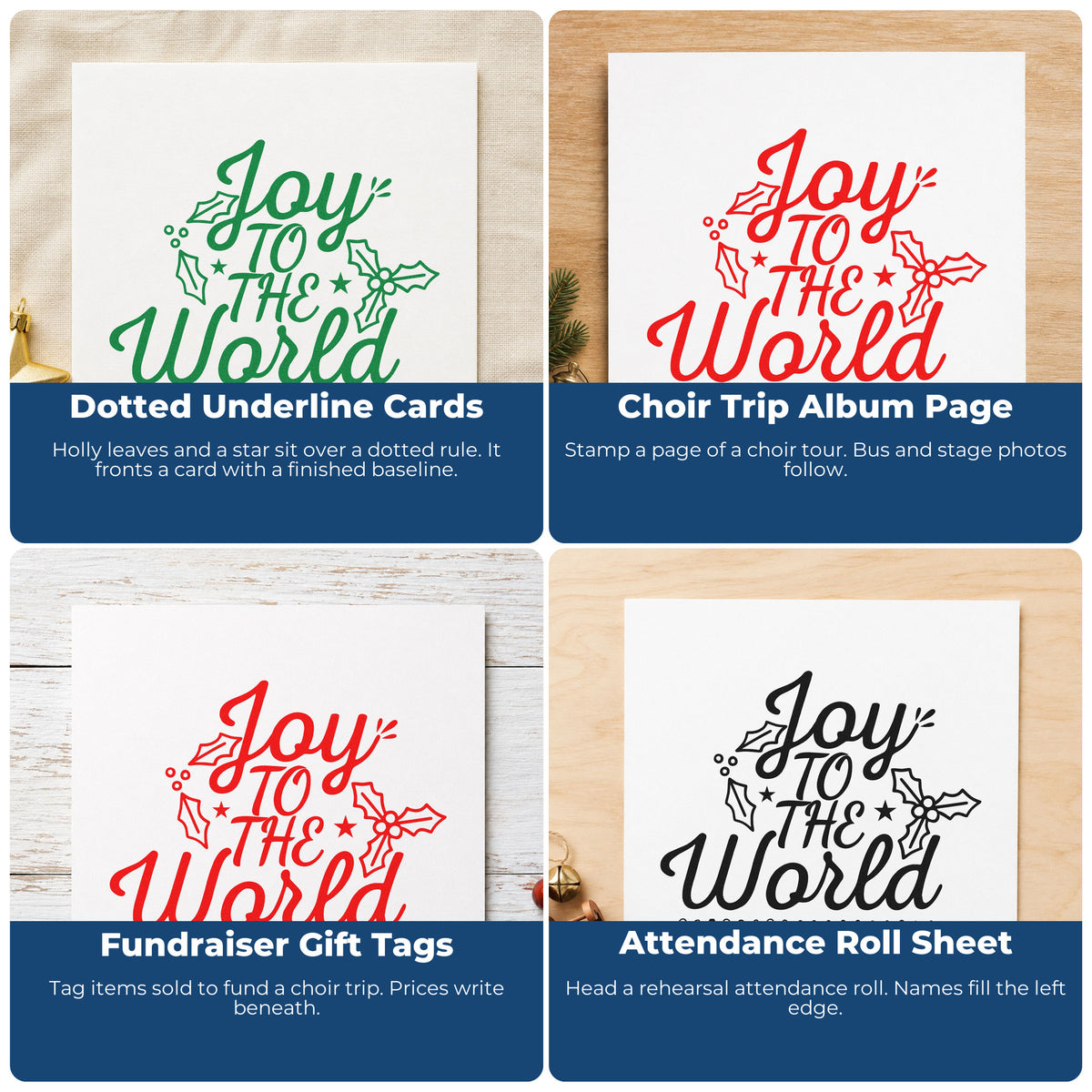 Four ways to use the Joy To The World Holly Duo Hand Stamp: dotted underline cards, choir trip album page, fundraiser gift tags and attendance roll sheet.