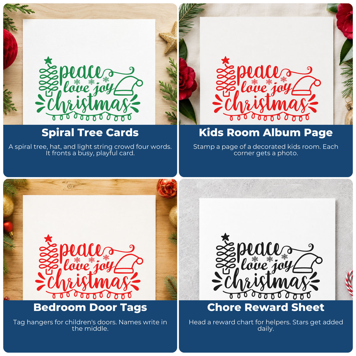 Four ways to use the Peace Love Joy Christmas Tree Motif Wood Handle Stamp: spiral tree cards, kids room album page, bedroom door tags and chore reward sheet.