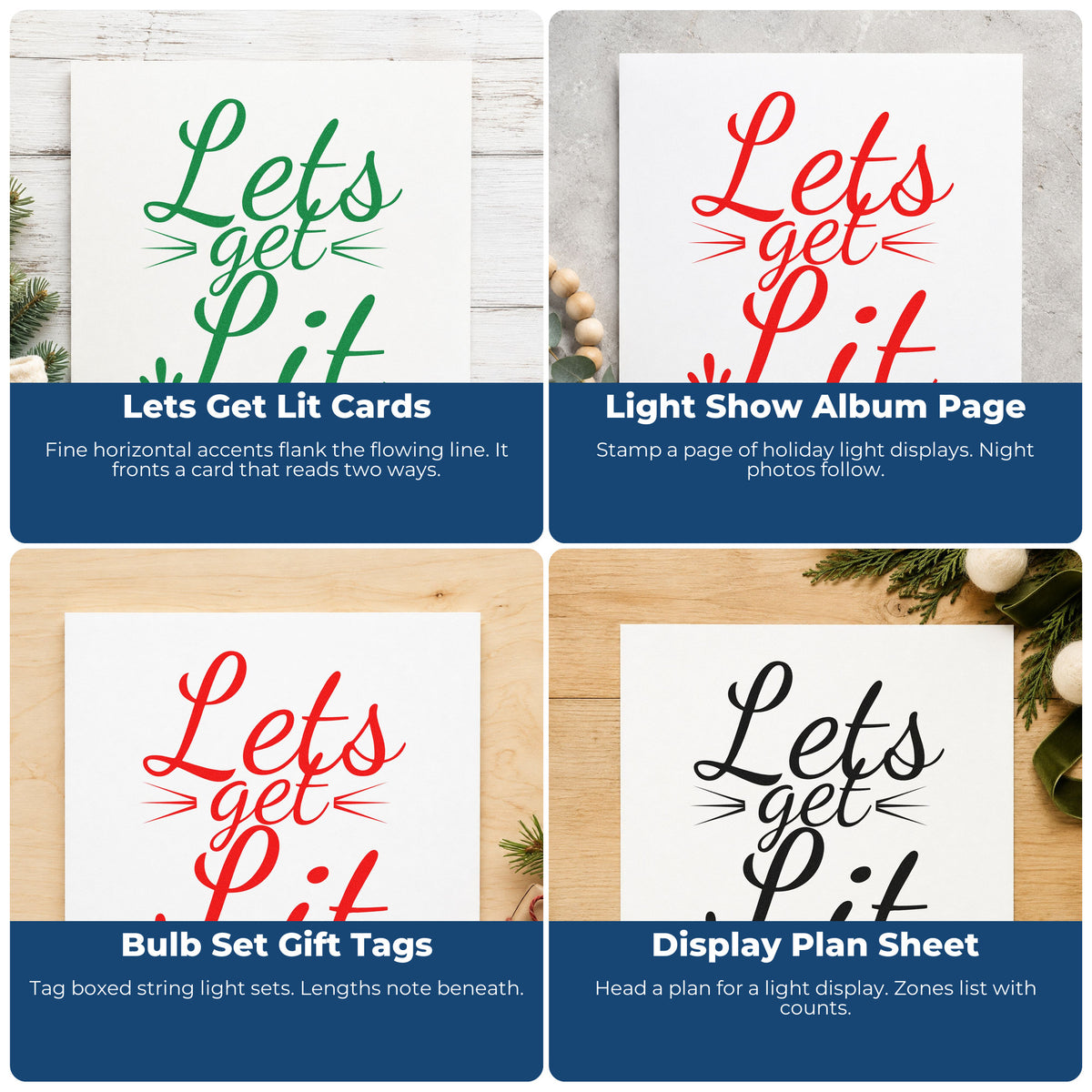Four ways to use the Self-Inking Let's Get Lit Stamp: lets get lit cards, light show album page, bulb set gift tags and display plan sheet.