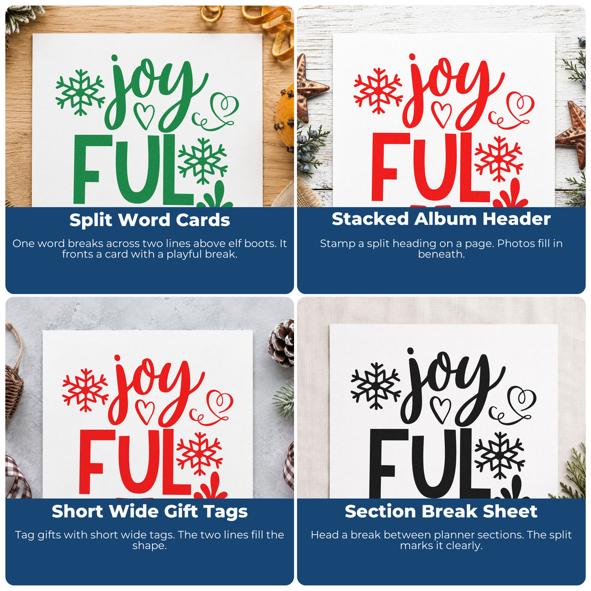 Four ways to use the Joyful Elf Boots Snowflakes Stamp – Self-Inking: split word cards, stacked album header, short wide gift tags and section break sheet.