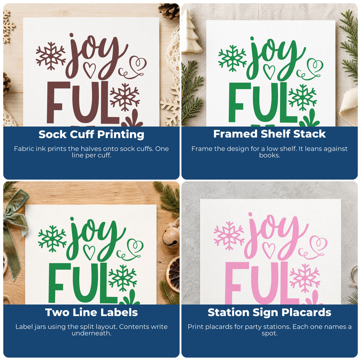 Four ways to use the Joyful Elf Boots Snowflakes Stamp – Self-Inking: sock cuff printing, framed shelf stack, two line labels and station sign placards.
