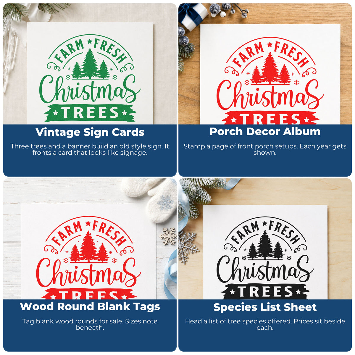 Four ways to use the Farm Fresh Christmas Tree Sign Ribbon Lettering Self-Inking Stamp: vintage sign cards, porch decor album, wood round blank tags and species list sheet.