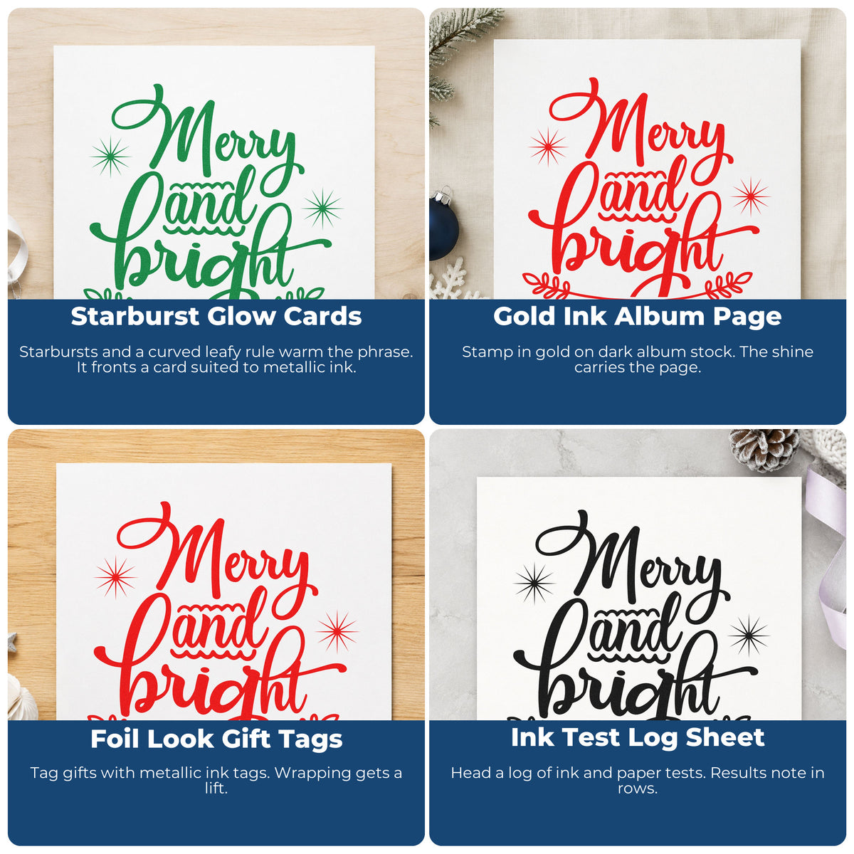 Four ways to use the Merry And Bright Flourish Rubber Stamp – Wood Handle: starburst glow cards, gold ink album page, foil look gift tags and ink test log sheet.