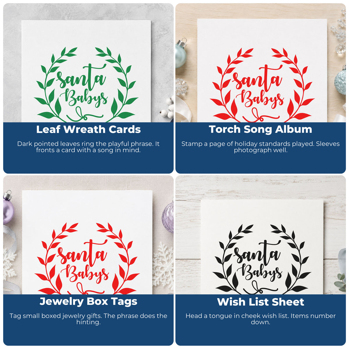 Four ways to use the Santa Babys Leaf Wreath Self-Inking Stamp: leaf wreath cards, torch song album, jewelry box tags and wish list sheet.