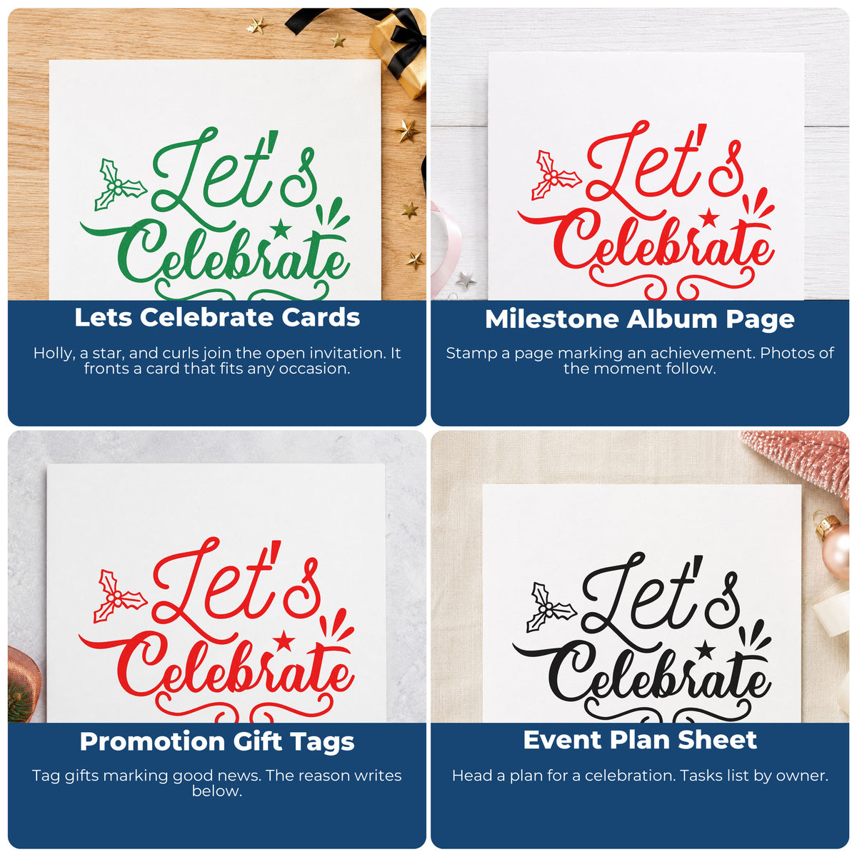 Four ways to use the Let's Celebrate Holly With Stars Stamp - Premium Vintage Pro Wooden: lets celebrate cards, milestone album page, promotion gift tags and event plan sheet.