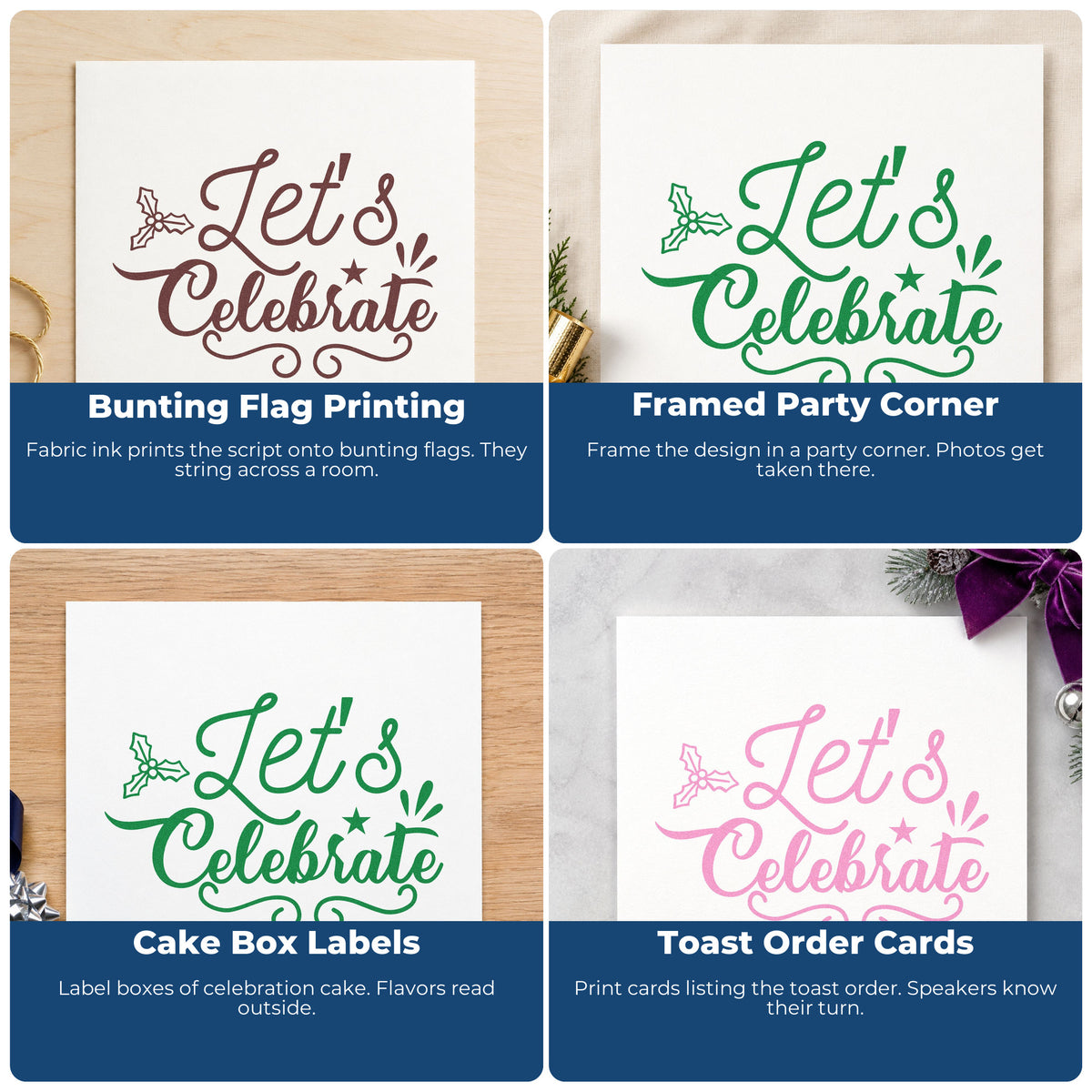 Four ways to use the Let's Celebrate Holly With Stars Stamp – Wood Handle: bunting flag printing, framed party corner, cake box labels and toast order cards.