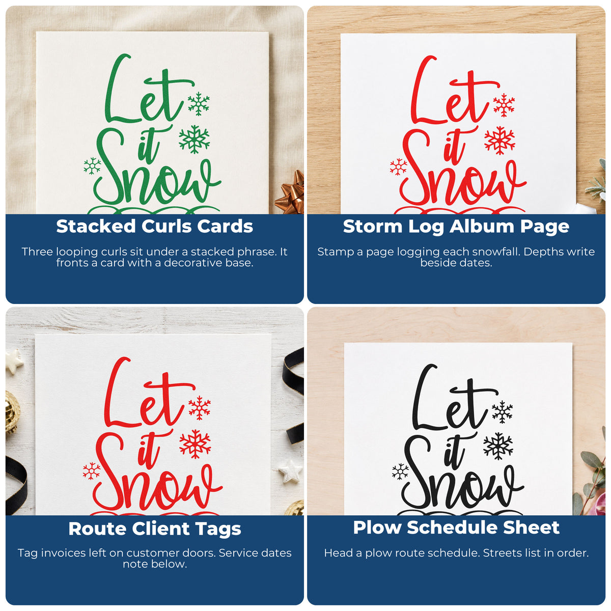 Four ways to use the Let It Snow Loop Flourish Slim Pre-Inked Stamp: stacked curls cards, storm log album page, route client tags and plow schedule sheet.