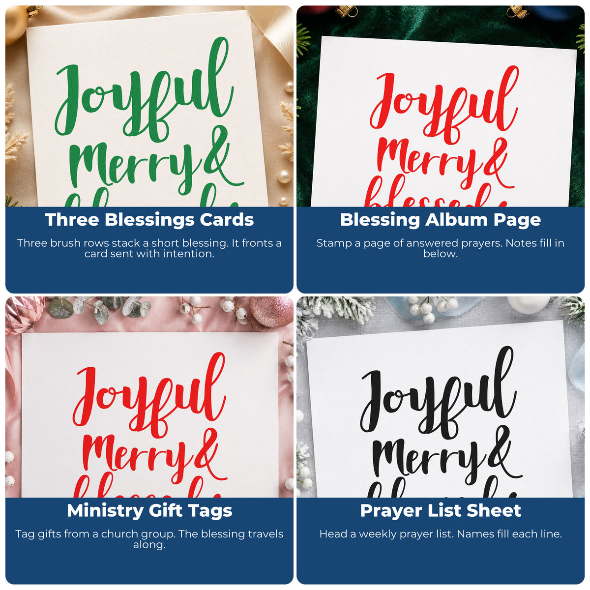 Four ways to use the Joyful Merry And Blessed PSI Pre-Inked Stamp: three blessings cards, blessing album page, ministry gift tags and prayer list sheet.