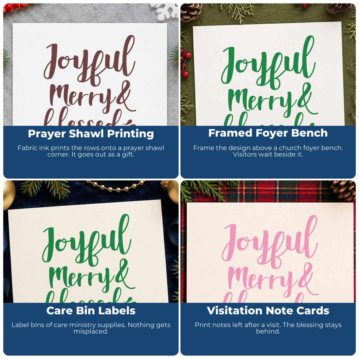 Four ways to use the Joyful Merry And Blessed Self-Inking Stamp: prayer shawl printing, framed foyer bench, care bin labels and visitation note cards.