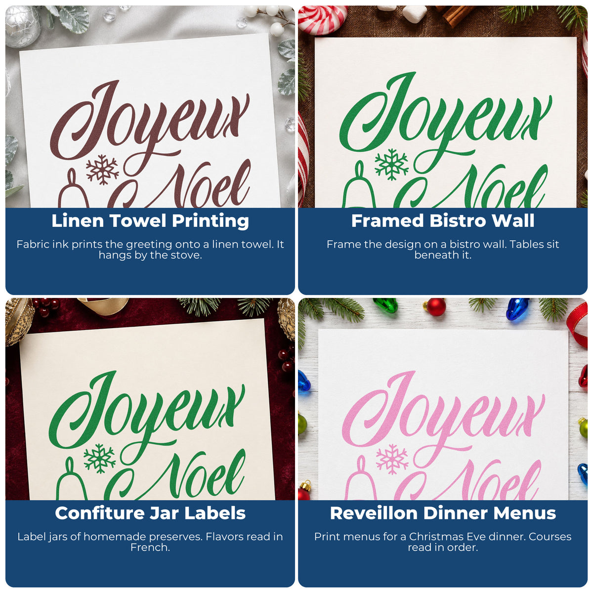Four ways to use the Self-Inking Joyeux Noel Bell Snowflake Script Lettering Stamp: linen towel printing, framed bistro wall, confiture jar labels and reveillon dinner menus.