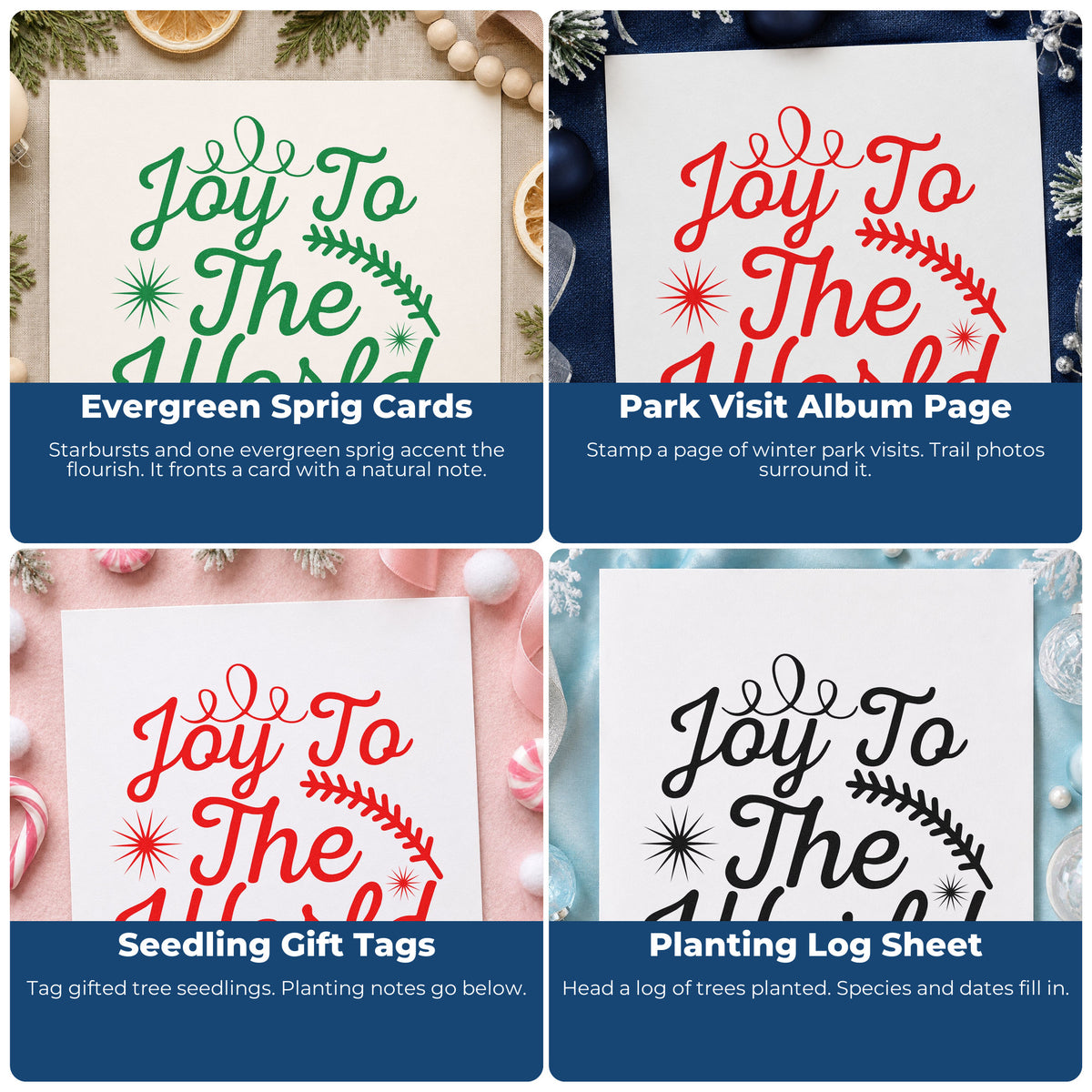 Four ways to use the Joy To The World Sprig Rubber Stamp – Duo Hand: evergreen sprig cards, park visit album page, seedling gift tags and planting log sheet.