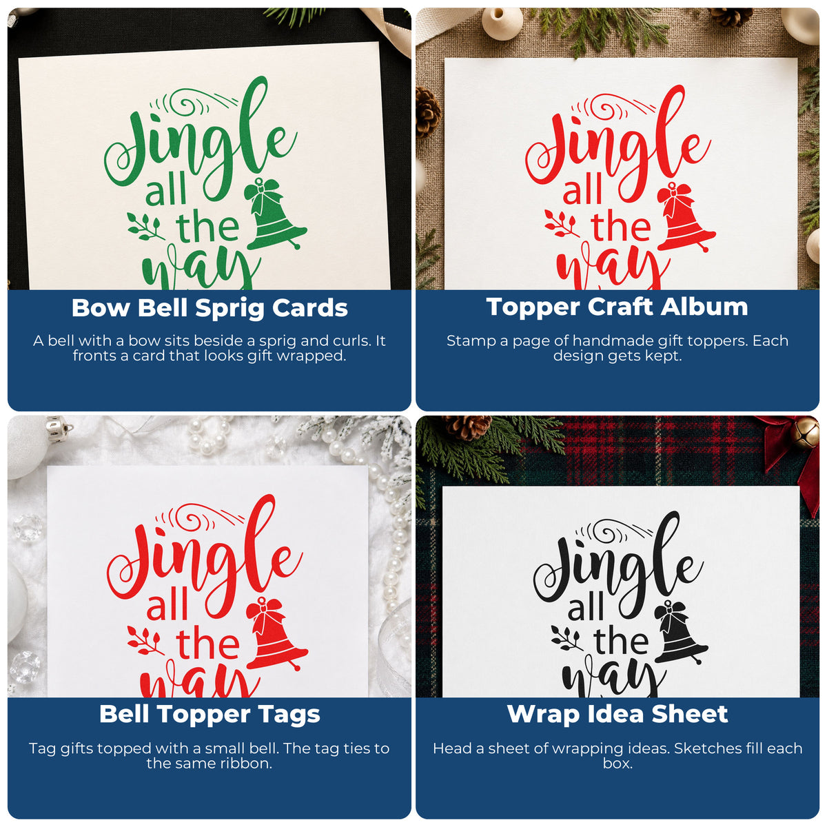 Four ways to use the Jingle All The Way Bell Slim Pre-Inked Stamp: bow bell sprig cards, topper craft album, bell topper tags and wrap idea sheet.