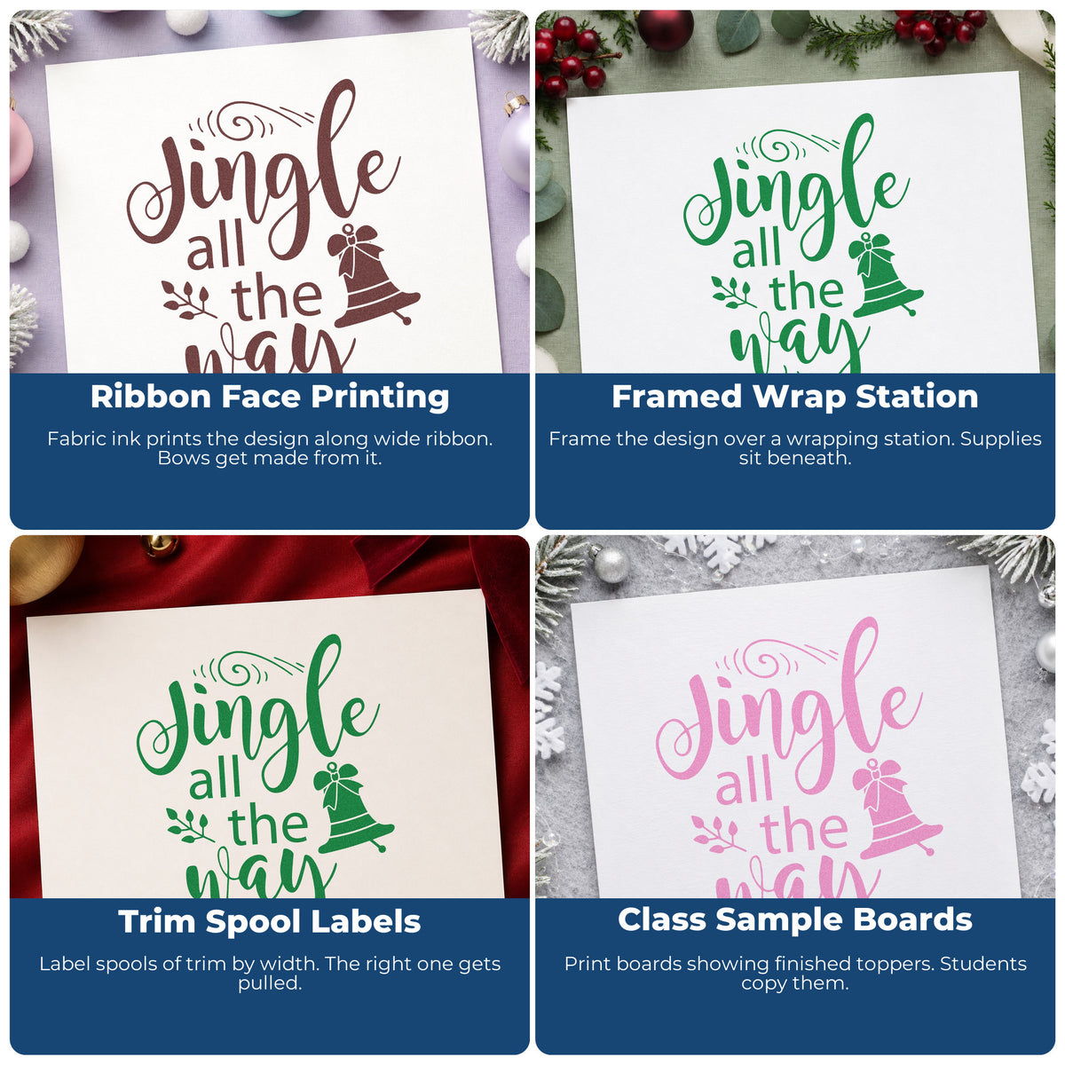 Four ways to use the Duo Hand Jingle All The Way Bell Rubber Stamp: ribbon face printing, framed wrap station, trim spool labels and class sample boards.