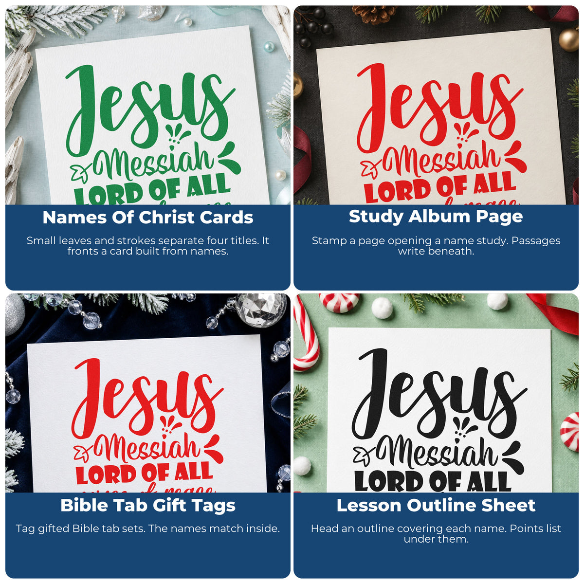 Four ways to use the Jesus Messiah Prince Peace Self-Inking Stamp: names of christ cards, study album page, bible tab gift tags and lesson outline sheet.
