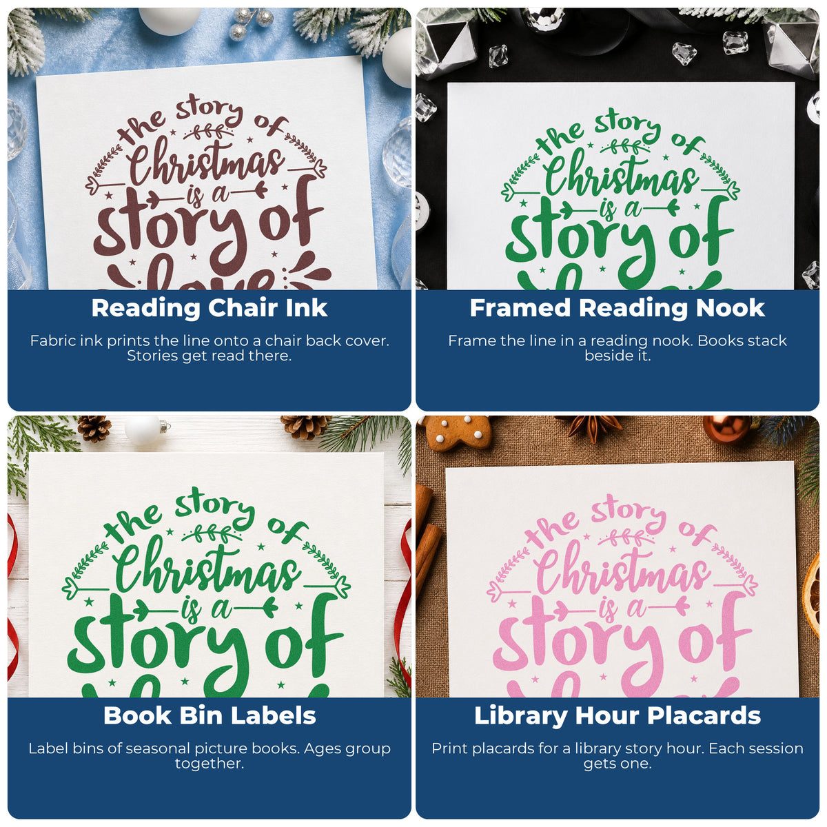 Four ways to use the The Story Of Christmas Is A Story Of Love Rubber Stamp – Wood Handle: reading chair ink, framed reading nook, book bin labels and library hour placards.