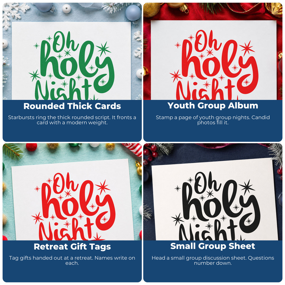 Four ways to use the Oh Holy Night Starbursts With Sparkles Stamp – Wood Handle: rounded thick cards, youth group album, retreat gift tags and small group sheet.