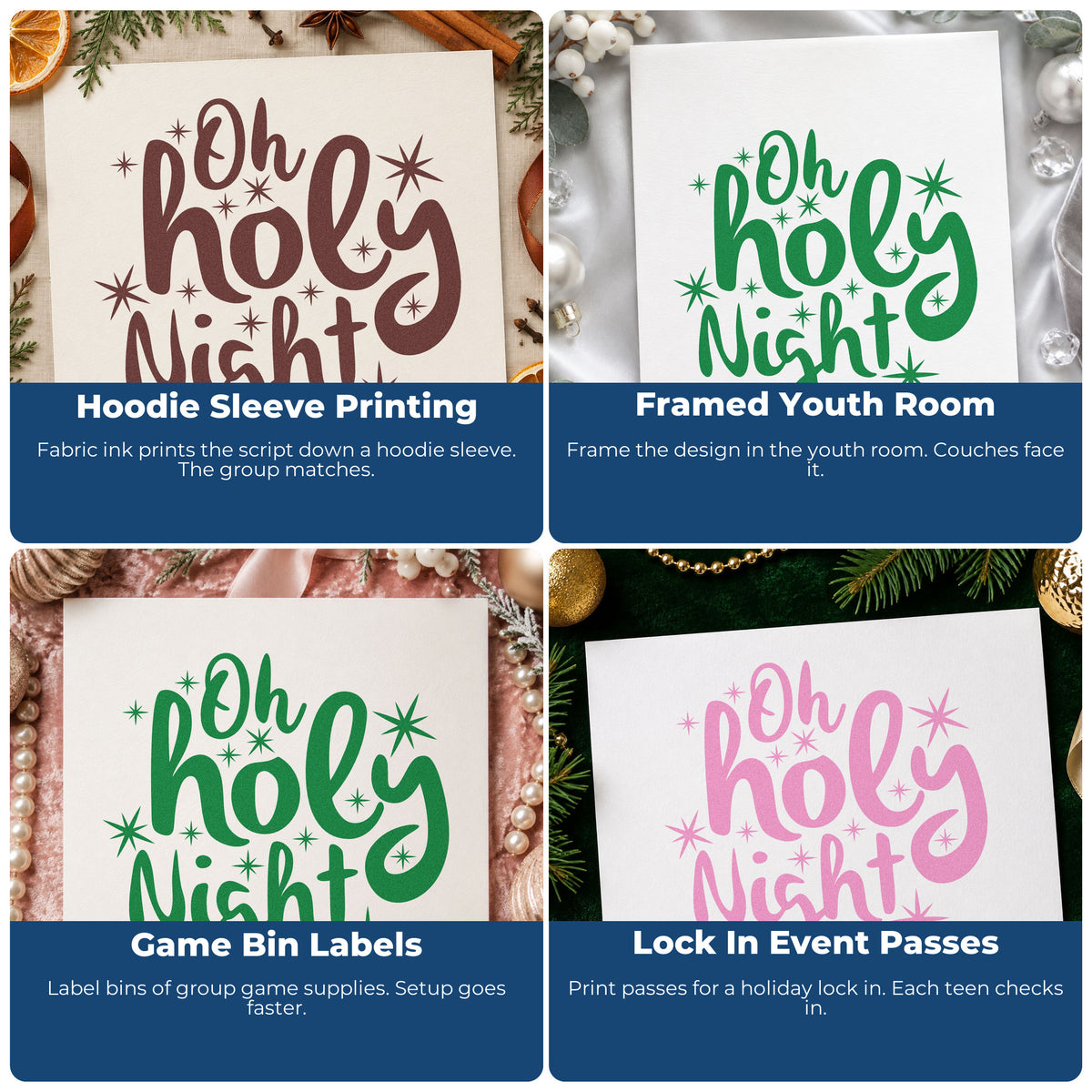 Four ways to use the Oh Holy Night Starbursts With Sparkles Compact Pre-Inked Stamp – Slim: hoodie sleeve printing, framed youth room, game bin labels and lock in event passes.