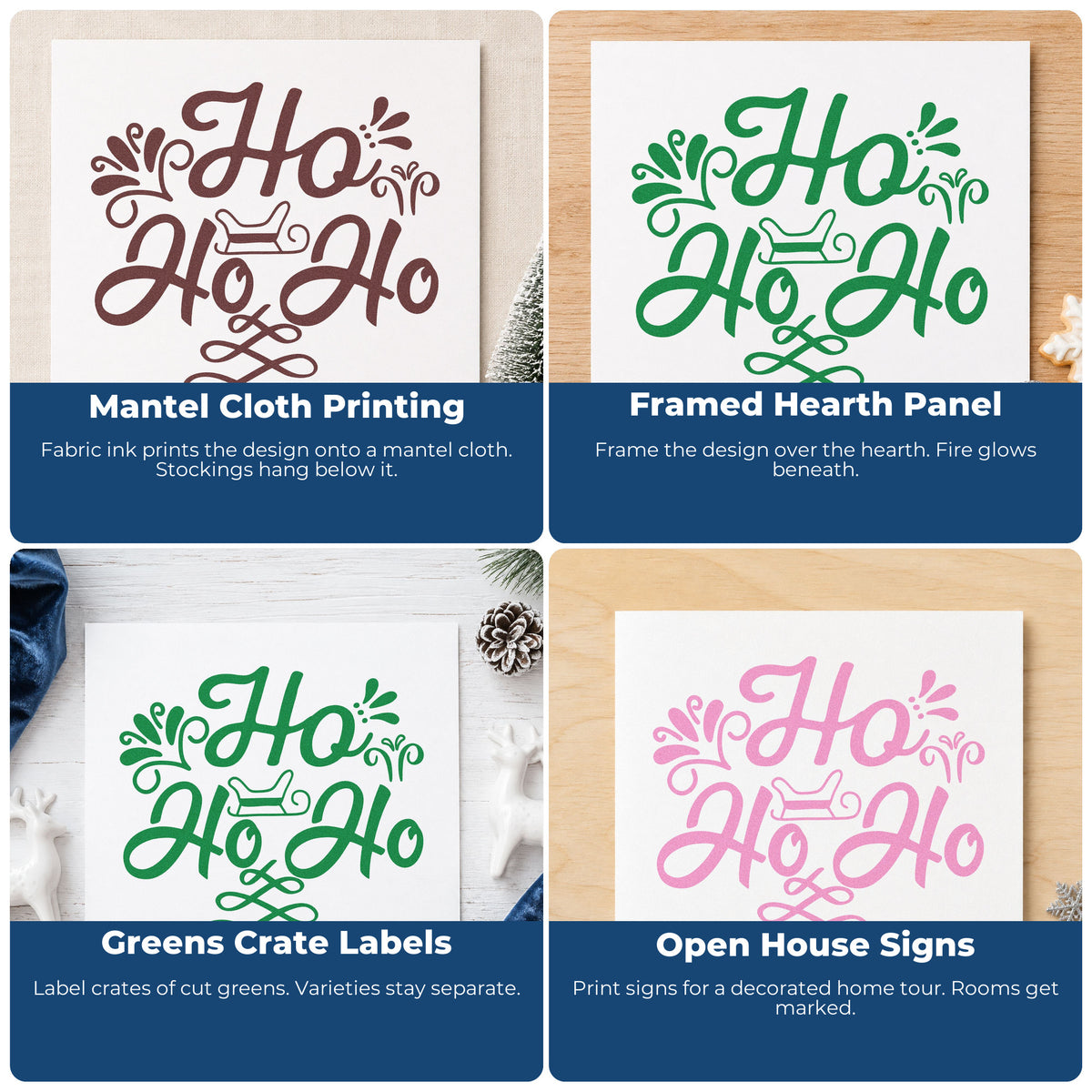 Four ways to use the Ho Ho Ho Sleigh Leaf Accents Self-Inking Craft Stamp: mantel cloth printing, framed hearth panel, greens crate labels and open house signs.