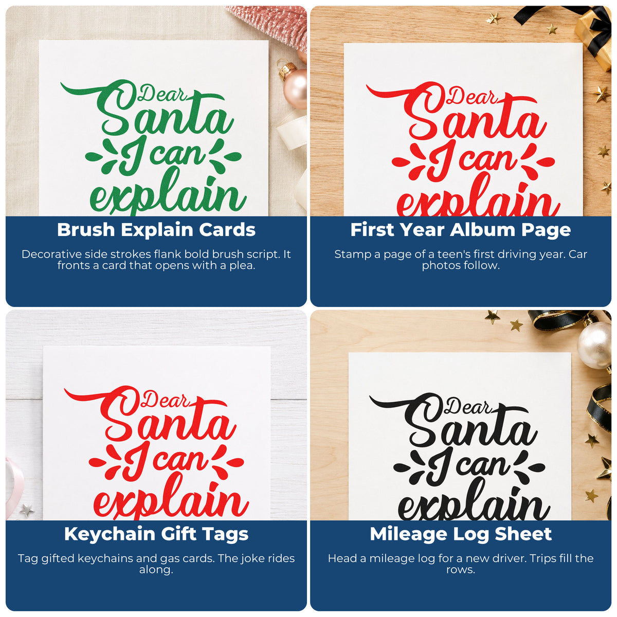 Four ways to use the Self-Inking Dear Santa I Can Explain Brushstroke Script Stamp: brush explain cards, first year album page, keychain gift tags and mileage log sheet.