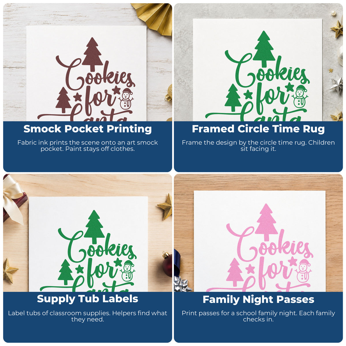 Four ways to use the Cookies For Santa Trees Pre-Inked Stamp – Slim: smock pocket printing, framed circle time rug, supply tub labels and family night passes.
