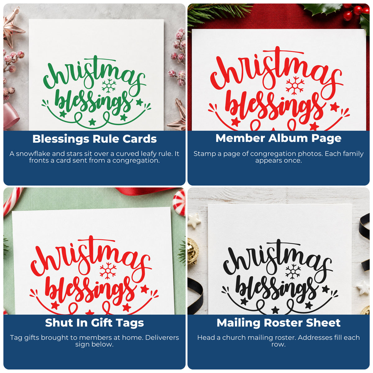 Four ways to use the Christmas Blessings Snowflake Leaf Accents Self-Inking Stamp: blessings rule cards, member album page, shut in gift tags and mailing roster sheet.
