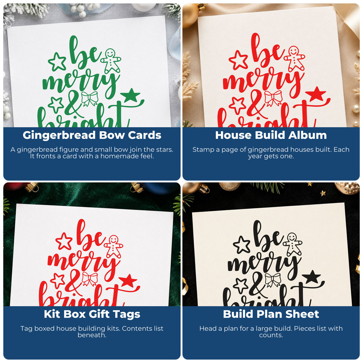Four ways to use the Be Merry And Bright Gingerbread Rubber Stamp – Wood Handle: gingerbread bow cards, house build album, kit box gift tags and build plan sheet.