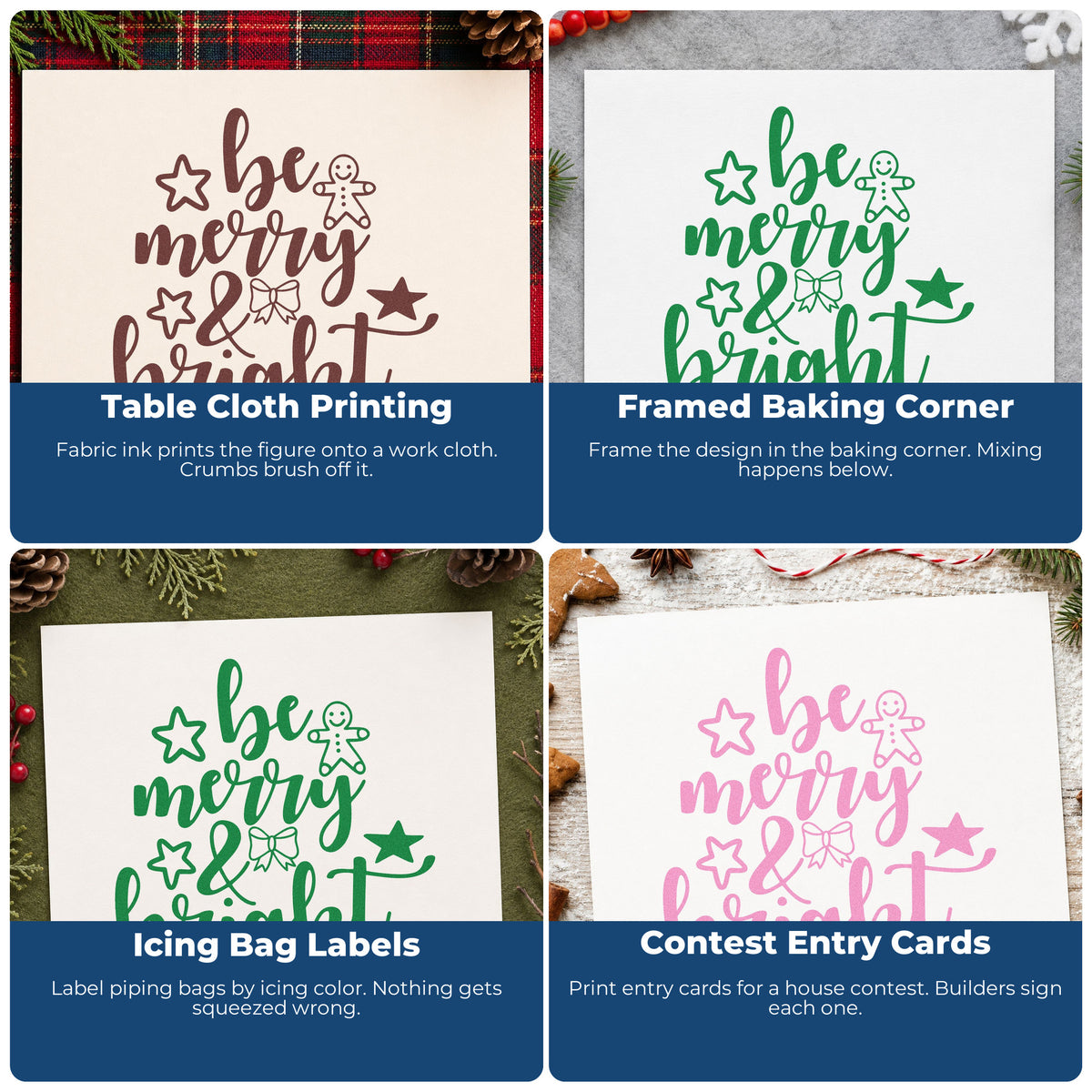 Four ways to use the Be Merry And Bright Gingerbread Rubber Stamp – Wood Handle: table cloth printing, framed baking corner, icing bag labels and contest entry cards.