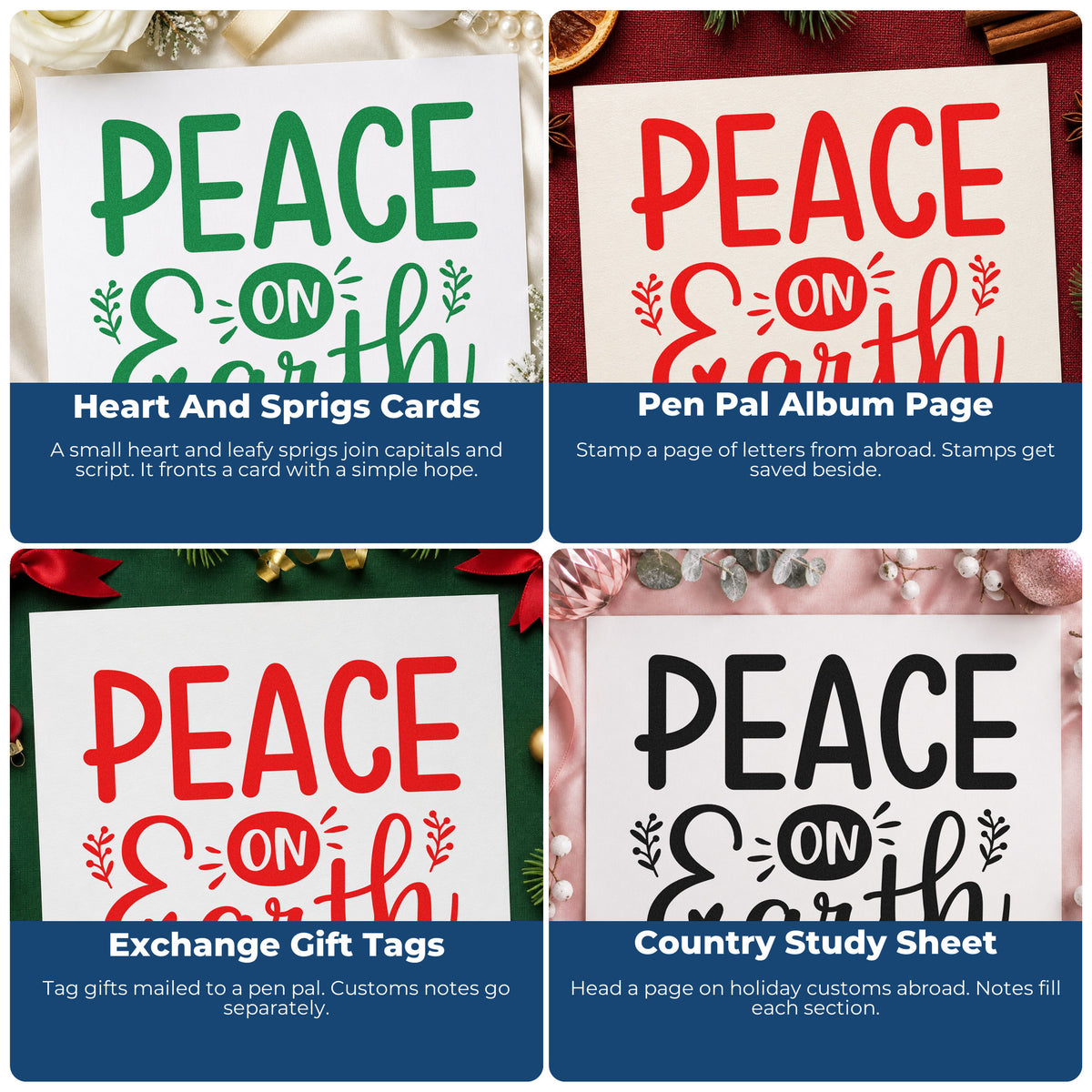 Four ways to use the Peace On Earth Botanical Sprig Pre-Inked Stamp – PSI: heart and sprigs cards, pen pal album page, exchange gift tags and country study sheet.