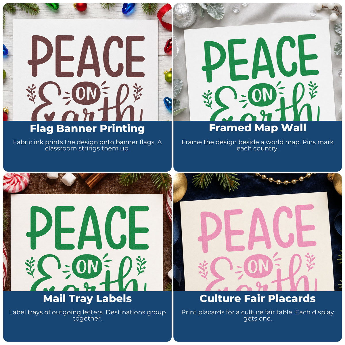 Four ways to use the Peace On Earth Botanical Sprig Wood Handle Stamp: flag banner printing, framed map wall, mail tray labels and culture fair placards.