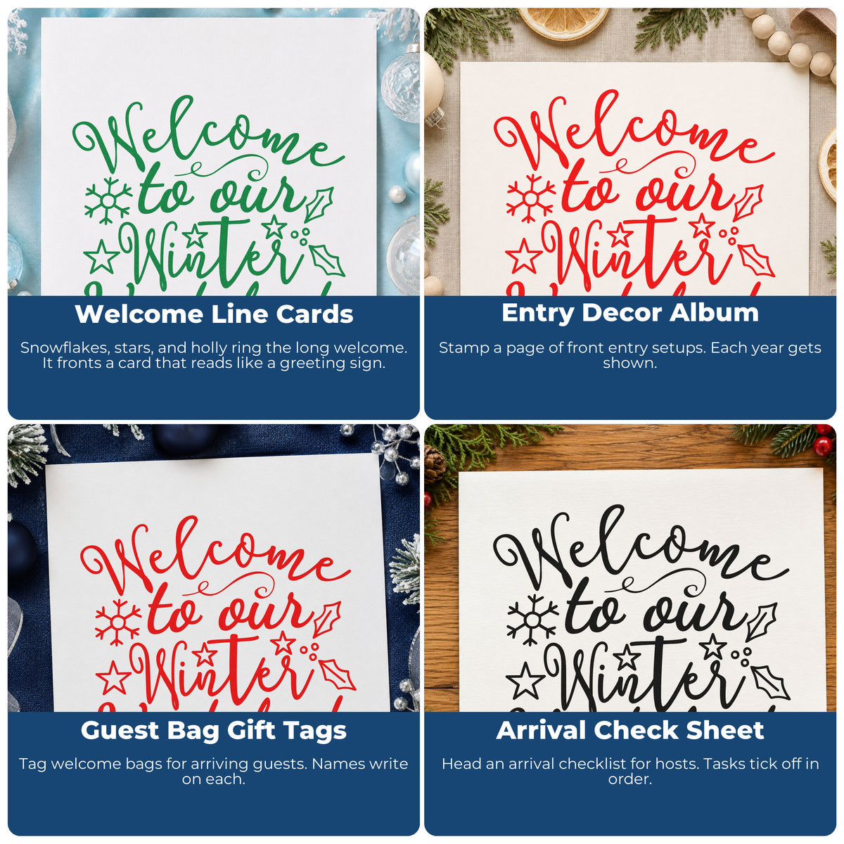 Four ways to use the Pre-Inked Welcome To Our Winter Wonderland Stamp – PSI: welcome line cards, entry decor album, guest bag gift tags and arrival check sheet.