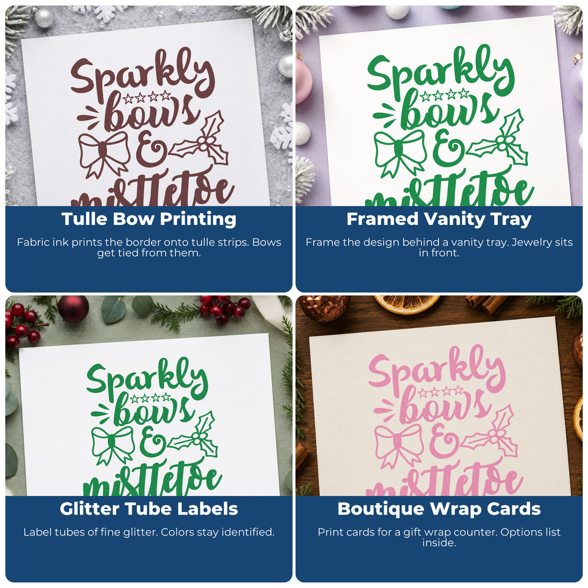 Four ways to use the Sparkly Bows & Mistletoe Holly Stamp – Wood Handle: tulle bow printing, framed vanity tray, glitter tube labels and boutique wrap cards.