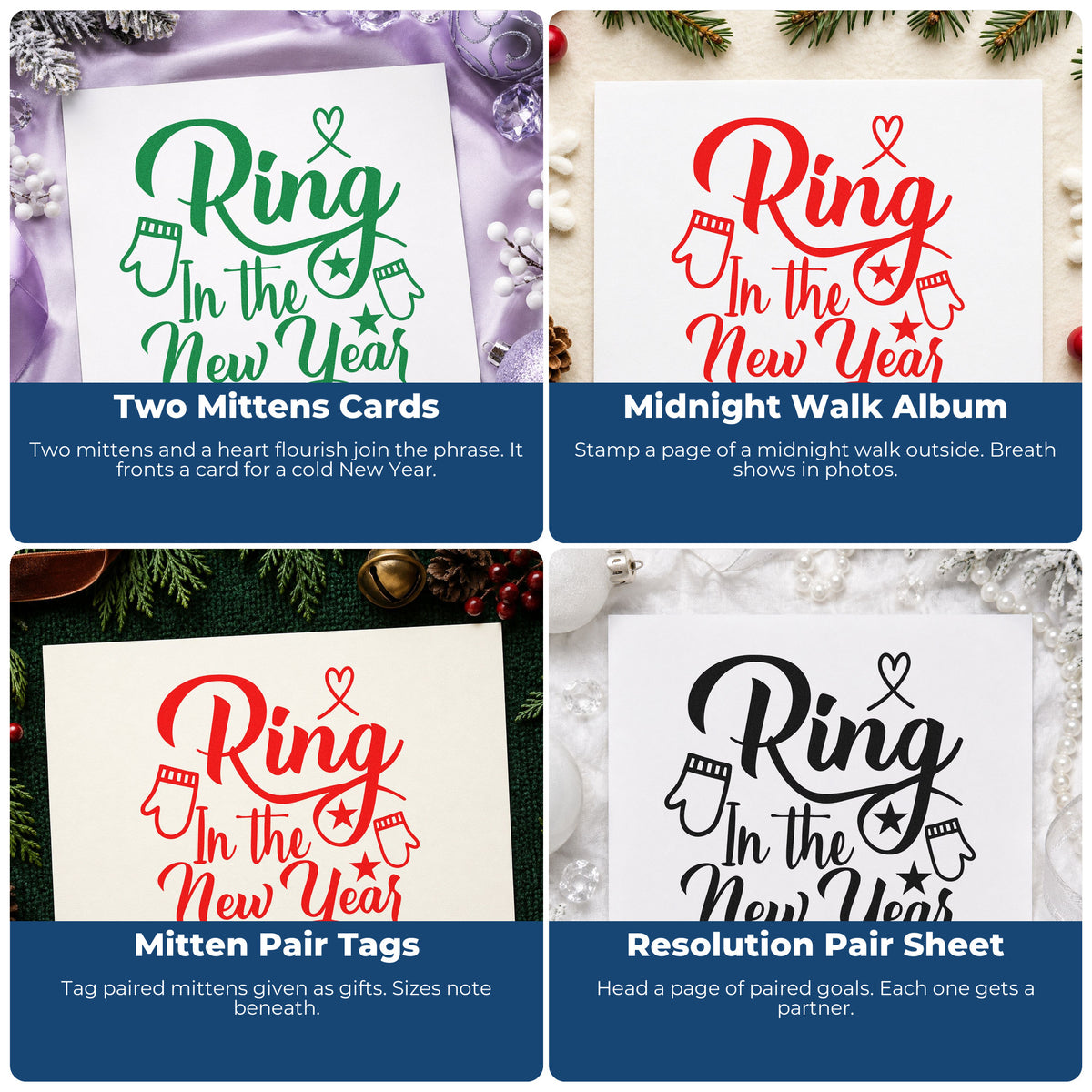 Four ways to use the Ring In The New Year Slim Pre-Inked Stamp: two mittens cards, midnight walk album, mitten pair tags and resolution pair sheet.