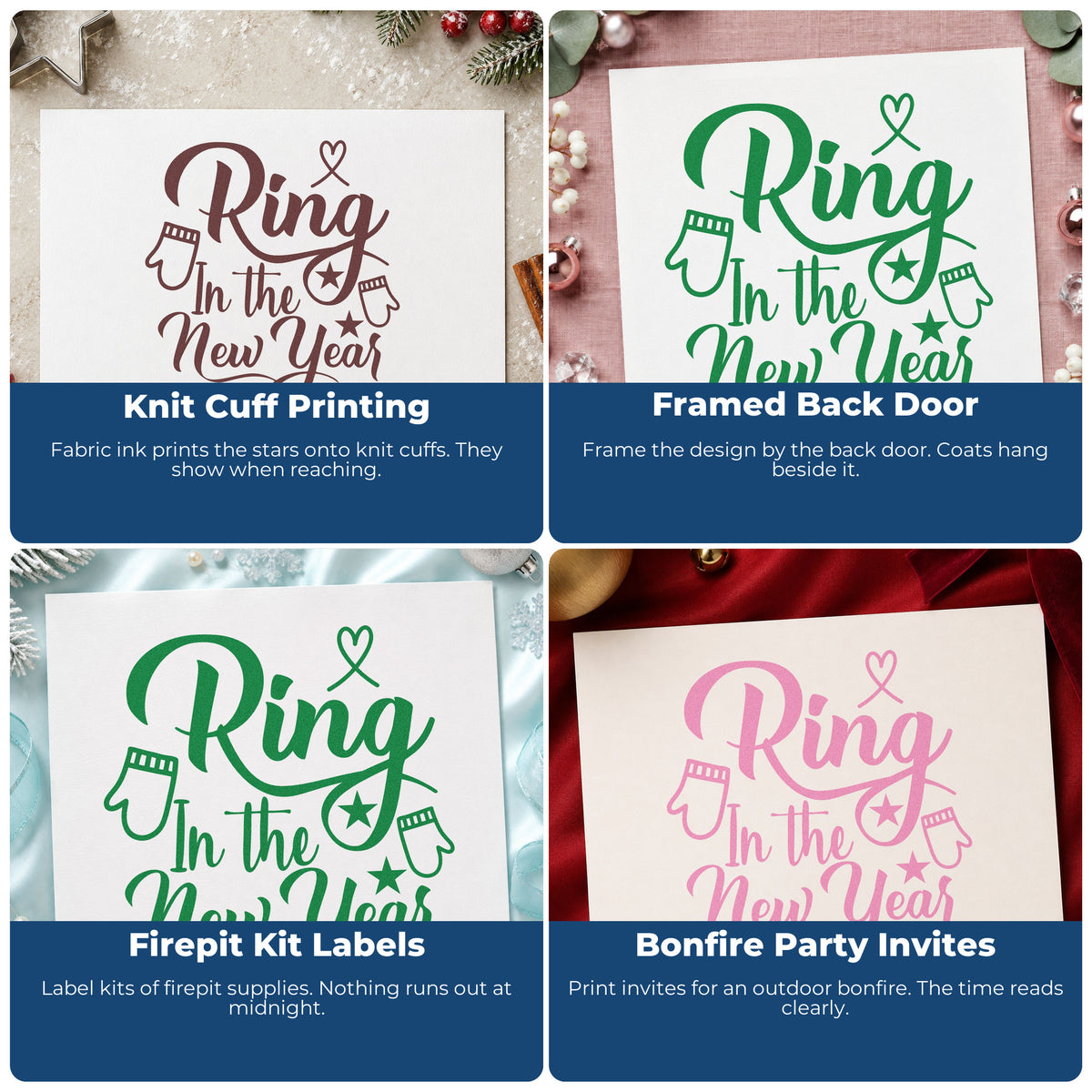 Four ways to use the Ring In The New Year Rubber Stamp – Wood Handle: knit cuff printing, framed back door, firepit kit labels and bonfire party invites.